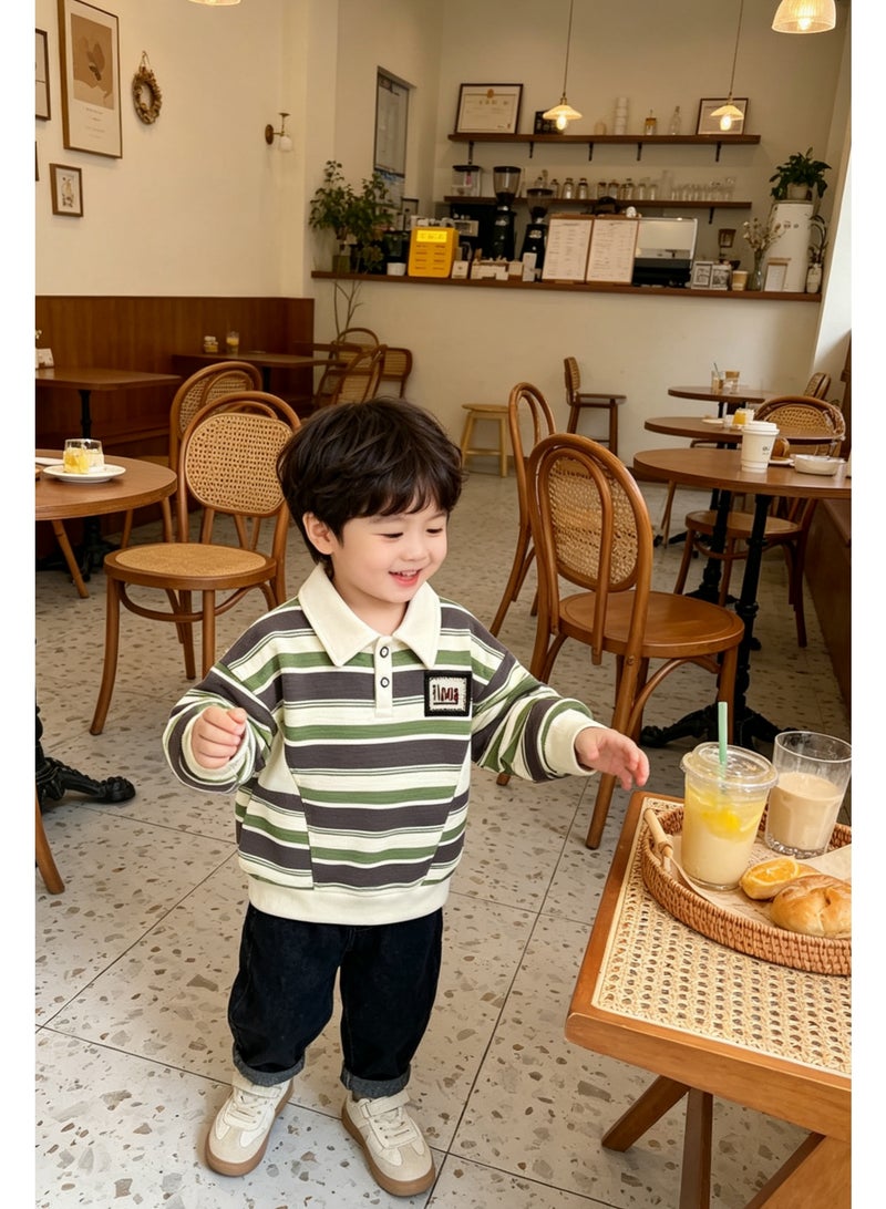 Boys Vintage Color Block Striped Polo Collar Sweatshirt, Kids Long Sleeve Casual Pullover Top - Image 4