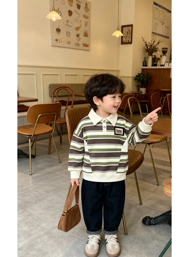 Boys Vintage Color Block Striped Polo Collar Sweatshirt, Kids Long Sleeve Casual Pullover Top - Image 3