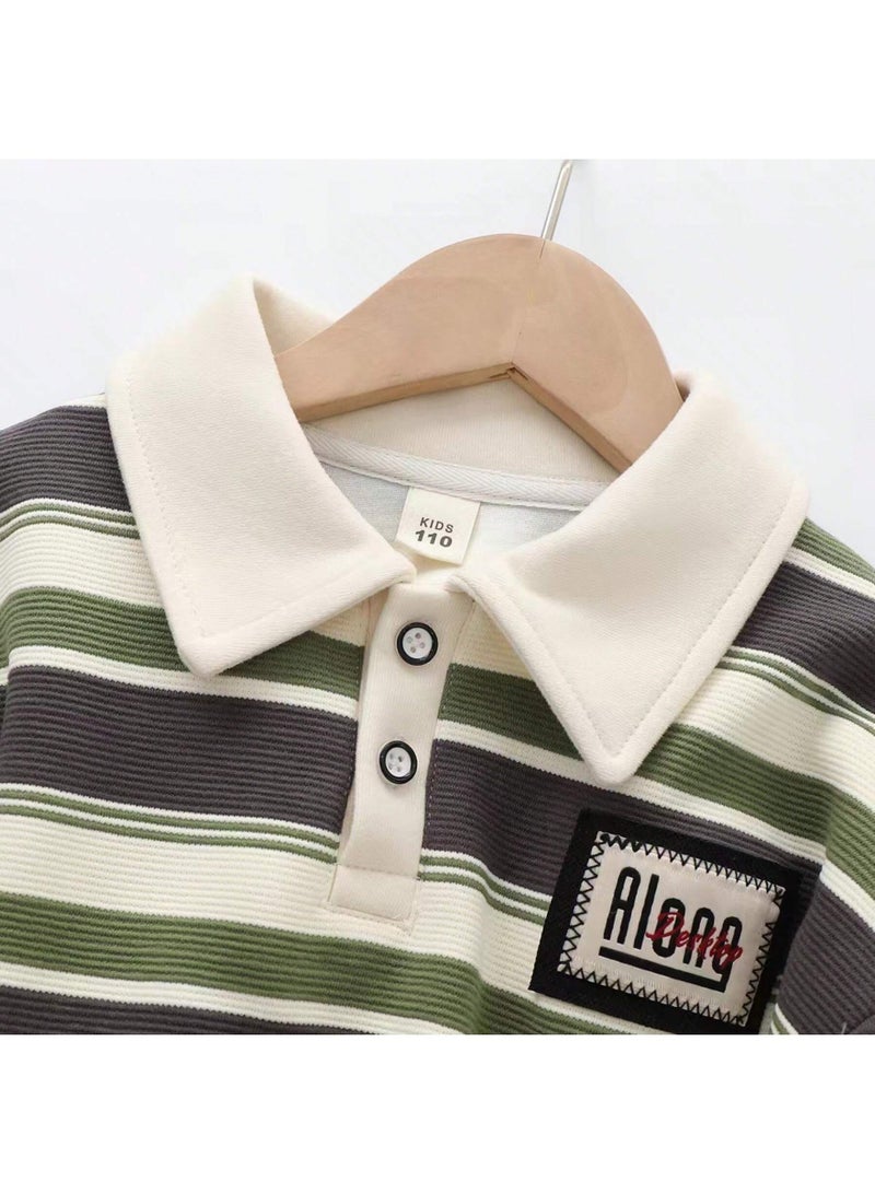 Boys Vintage Color Block Striped Polo Collar Sweatshirt, Kids Long Sleeve Casual Pullover Top - Image 5