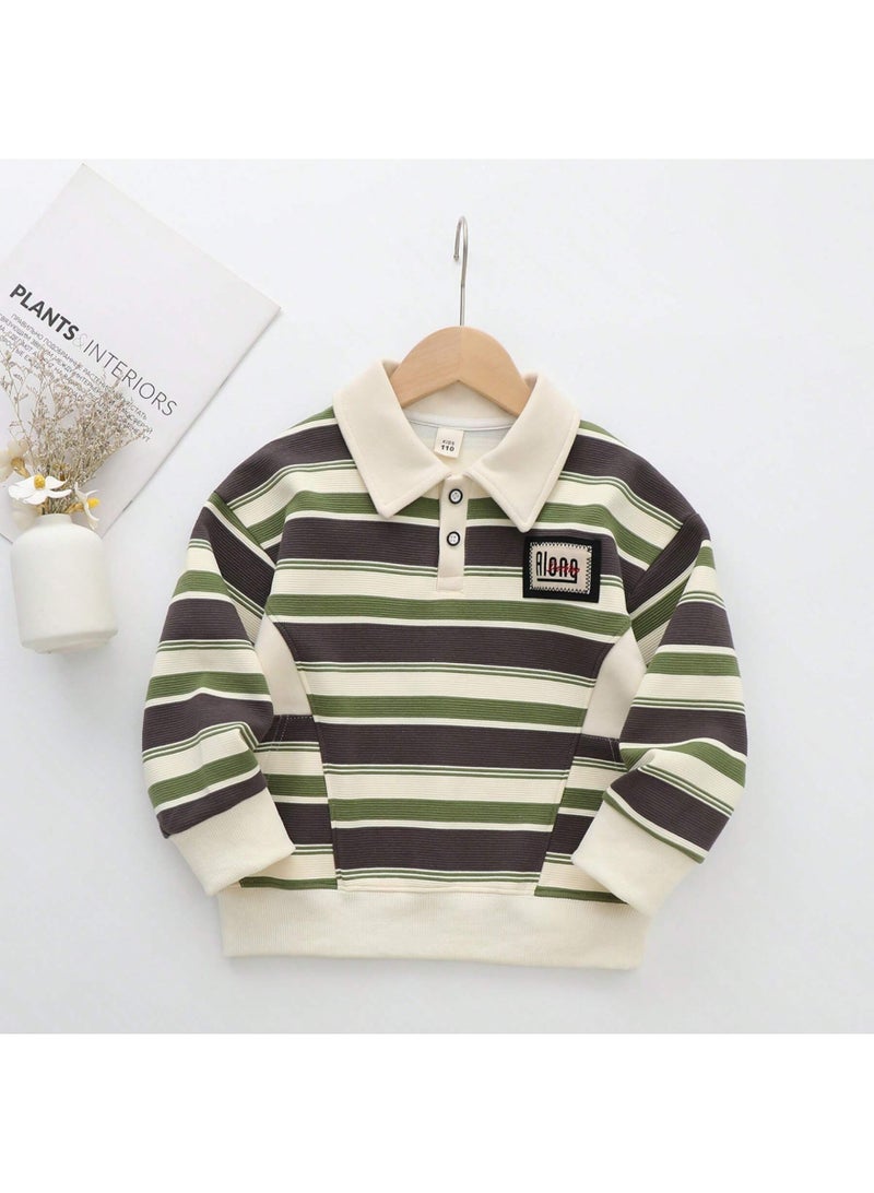 Boys Vintage Color Block Striped Polo Collar Sweatshirt, Kids Long Sleeve Casual Pullover Top - Image 1