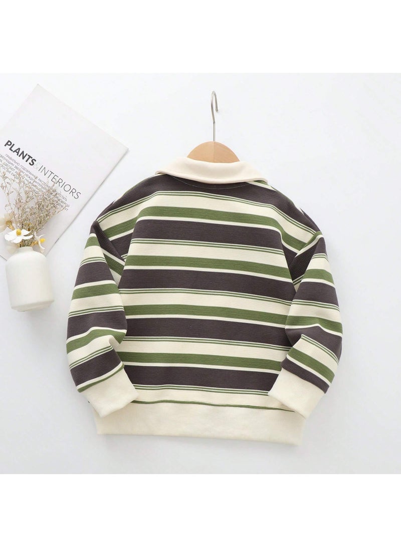 Boys Vintage Color Block Striped Polo Collar Sweatshirt, Kids Long Sleeve Casual Pullover Top - Image 2