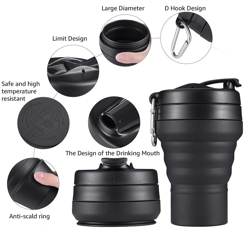 EASYXQ Collapsible Coffee Cup, 16 OZ 480ml Silicone Folding Camping Cup, Leak Proof BPA Free Portable Cup, Travel mug with Lids for hiking (Black) - Image 5