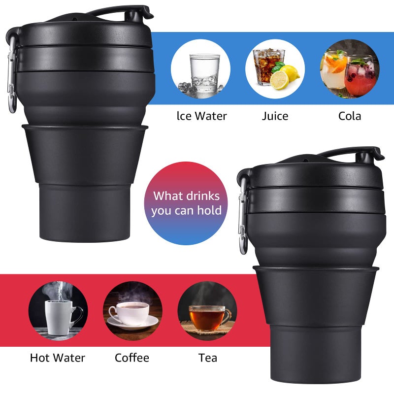 EASYXQ Collapsible Coffee Cup, 16 OZ 480ml Silicone Folding Camping Cup, Leak Proof BPA Free Portable Cup, Travel mug with Lids for hiking (Black) - Image 3