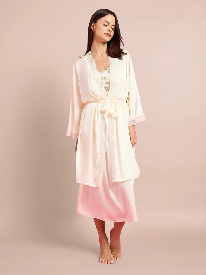 Styli Cream Pack of 2 - Floral Guipure Lace Slip Dress and Robe Set for Women | Best Price UAE