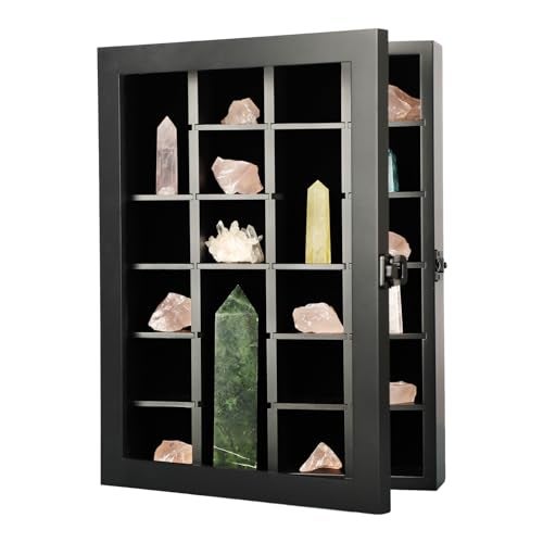 KCRasan Adjustable Rock Display Case Wooden Crystal Organizer for Stones Storage Rock Collection Box with Shelves for Agate Opal Crystal Stone Arrowheads Spear Points Rocks Small Black