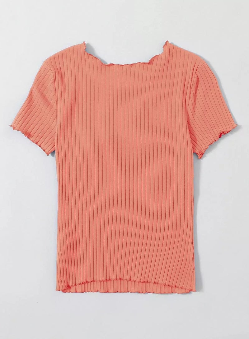 Ribbed Lettuce-Edge Form-Fitting Top