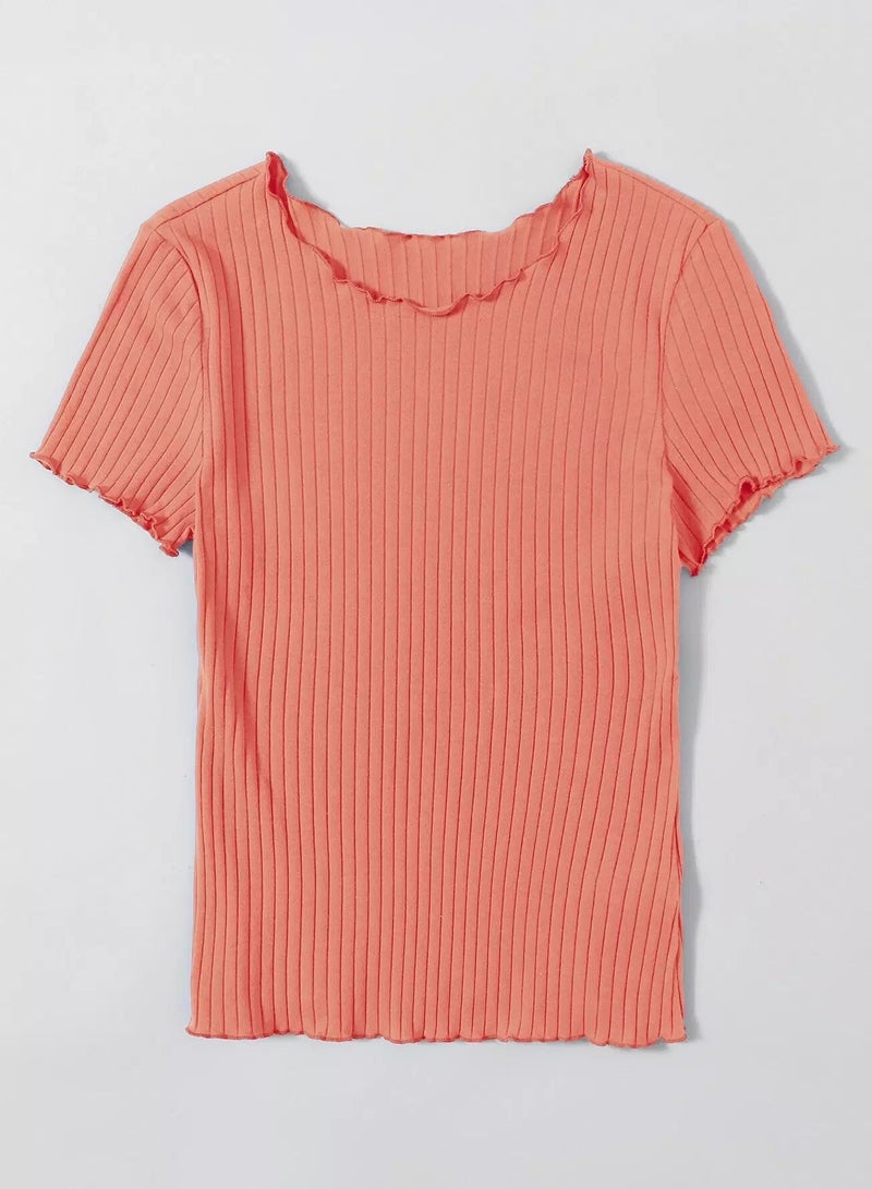 Ribbed Lettuce-Edge Form-Fitting Top