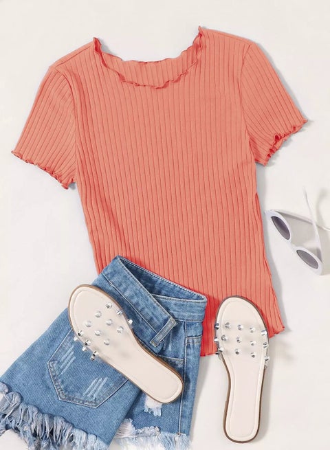 Ribbed Lettuce-Edge Form-Fitting Top
