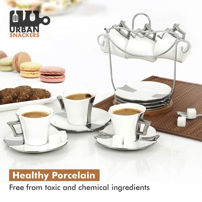 Urban Snackers Porcelain Tea Pot Tea Kettle with 5 Cups and Wooden Serving Tray Coated Tea Cups and Saucer Set with Holder Organizer Stand Tea Cups Saucer Set with Organizer Stand - Image 2