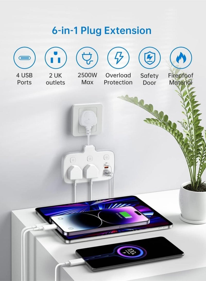 Excefore Multi Plug Extension With USB 2 Way Extension Lead Power Socket Plug With 4 USB D Fast Charger Total 20W Max 2500W Multi Wall power Adaptor 6 in 1 for Home Office Kitchen Travel - Image 2