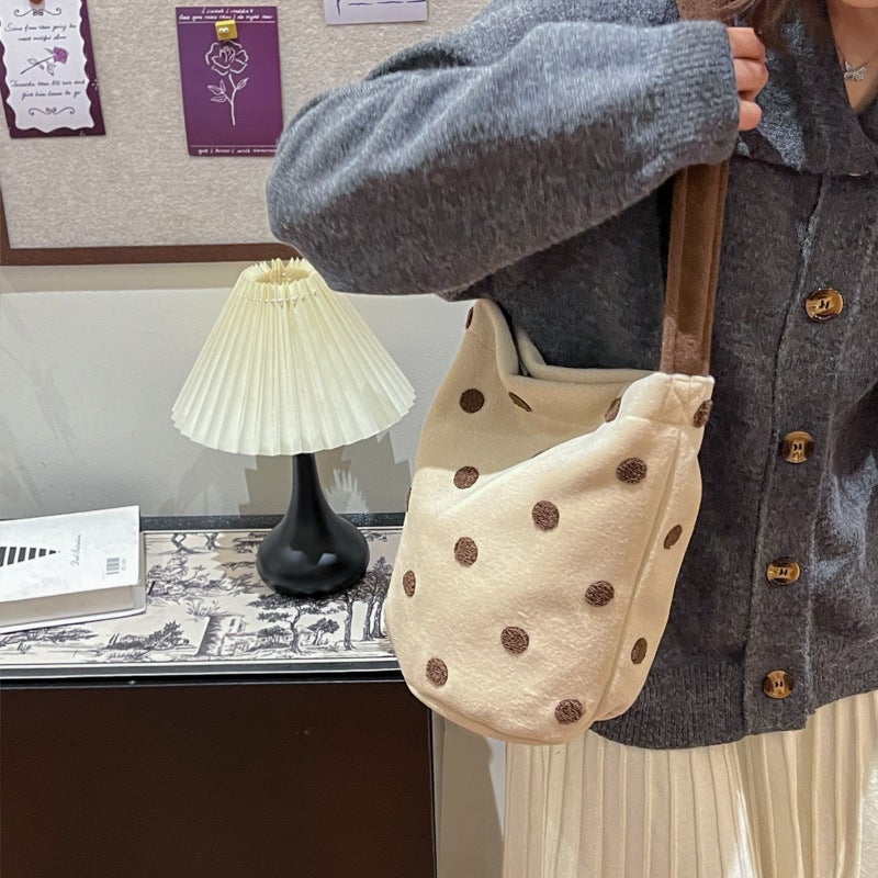 Plush Bag Women'S Bag 2024 Winter Trendy Fashion Polka Dot Shoulder Bag Large Capacity Commuter Bucket Bag - Image 5