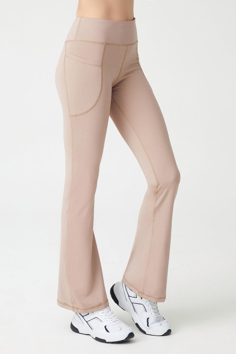 Los Ojos Women's Beige High Waist Lifter Double Pocket Flared Tights Bootcut  - Image 3