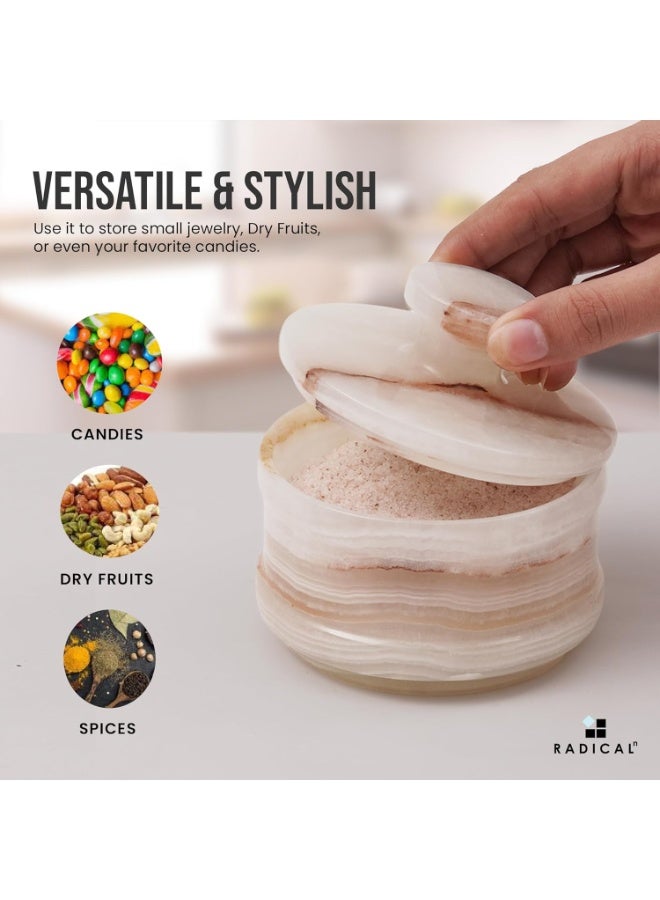 راديكالن قبو ملح من رخام العقيق الأبيض مع غطاء | برطمان توابل وملح مصنوع يدويًا، مقاس 3.5 بوصة، مناسب لطاولة المطبخ - Image 5