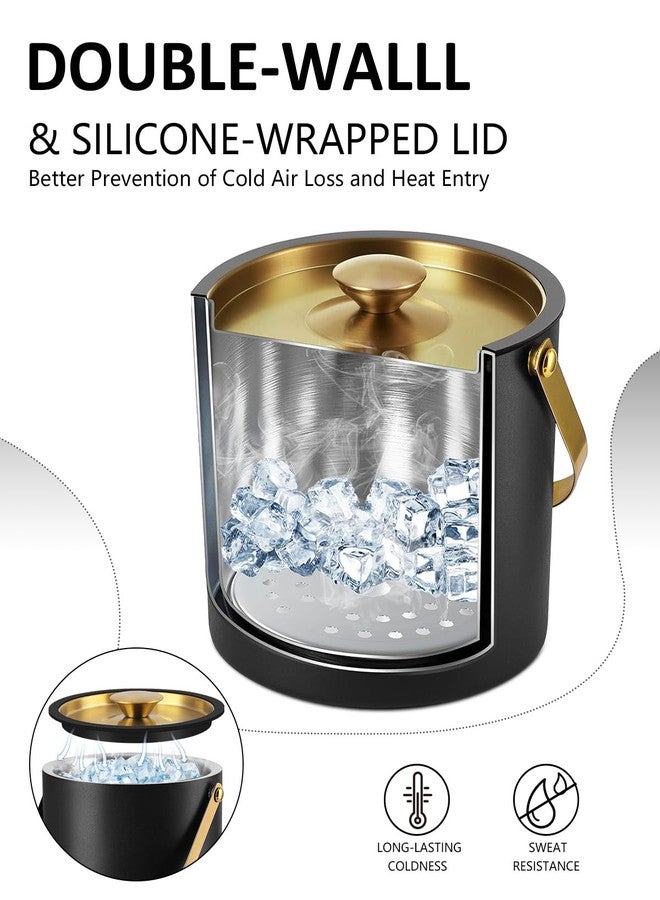 Bakpoco 3L Ice Bucket with Silicone Lid, Scoop, Gold Tongs & Strainer, Stainless Steel Double Wall Insulated Ice Buckets for Parties & Cocktail Bar, Outdoor Champagne Ice Container Bin, Black - Image 3