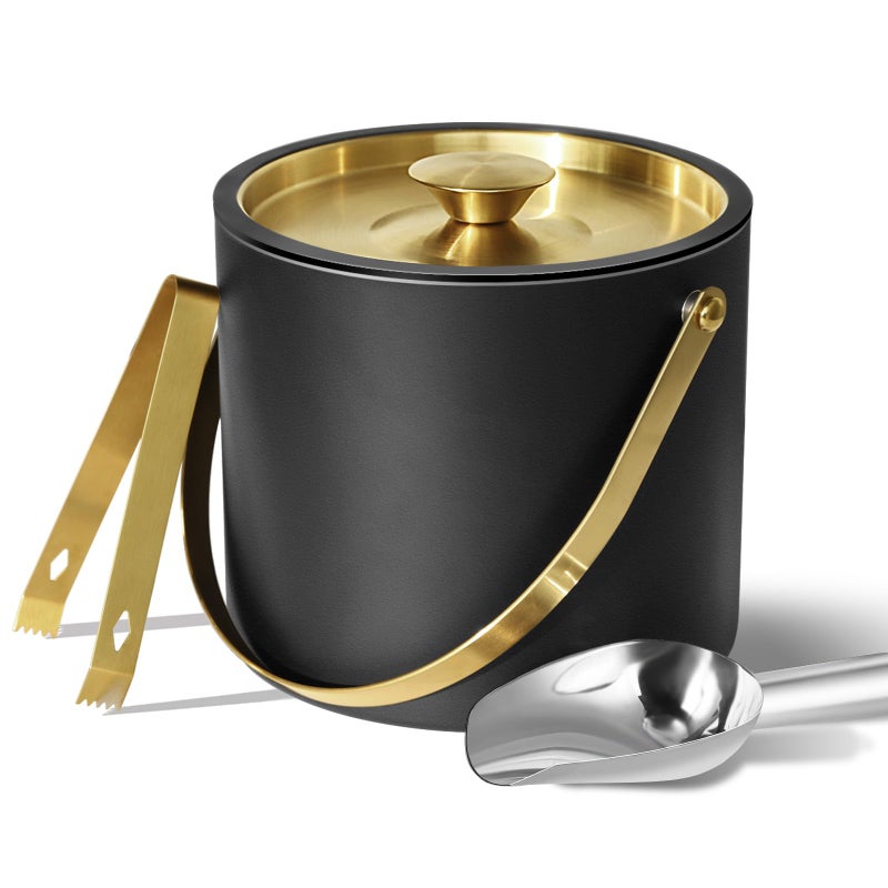 Bakpoco 3L Ice Bucket with Silicone Lid, Scoop, Gold Tongs & Strainer, Stainless Steel Double Wall Insulated Ice Buckets for Parties & Cocktail Bar, Outdoor Champagne Ice Container Bin, Black - Image 1