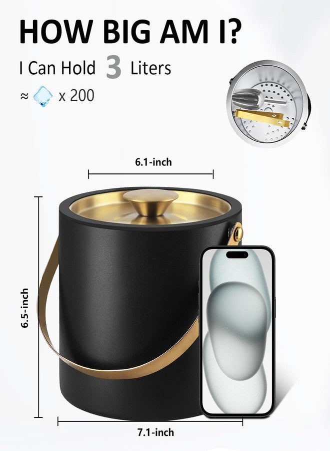 Bakpoco 3L Ice Bucket with Silicone Lid, Scoop, Gold Tongs & Strainer, Stainless Steel Double Wall Insulated Ice Buckets for Parties & Cocktail Bar, Outdoor Champagne Ice Container Bin, Black - Image 2