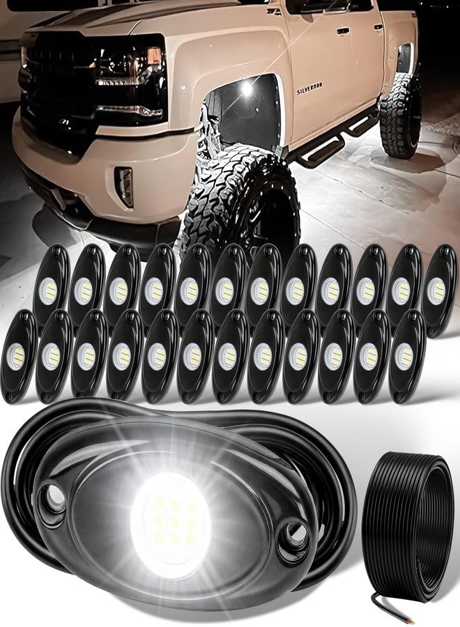 YONEDA 24 Pods White Rock Lights 6000K 9LED Ultra Bright LED Underglow Lights IP68 Waterproof for Trucks SUV UTV ATV RZR Car Boats Pickup Motorcycle with 39.37ft Extension Wire - Image 1