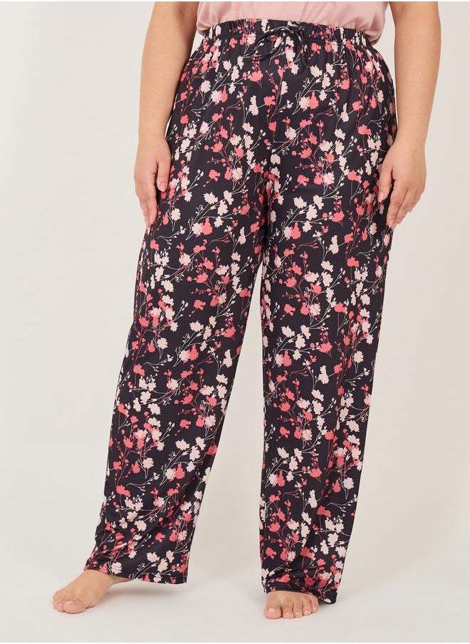 Plus Size Plain Button Placket T-Shirt and Printed Pyjama Pants Set