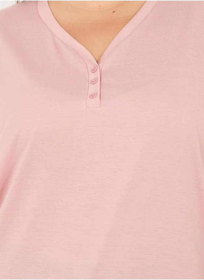 Styli Plus Size Plain Button Placket T-Shirt and Printed Pyjama Pants Set