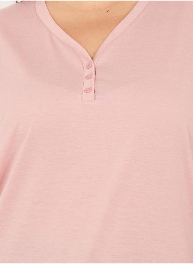 Plus Size Plain Button Placket T-Shirt and Printed Pyjama Pants Set