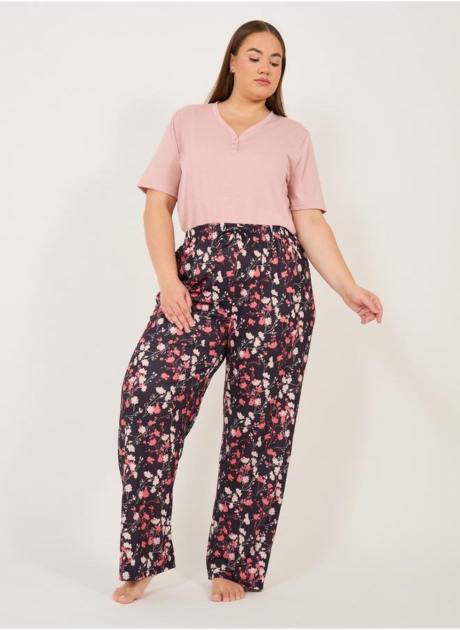 Plus Size Plain Button Placket T-Shirt and Printed Pyjama Pants Set