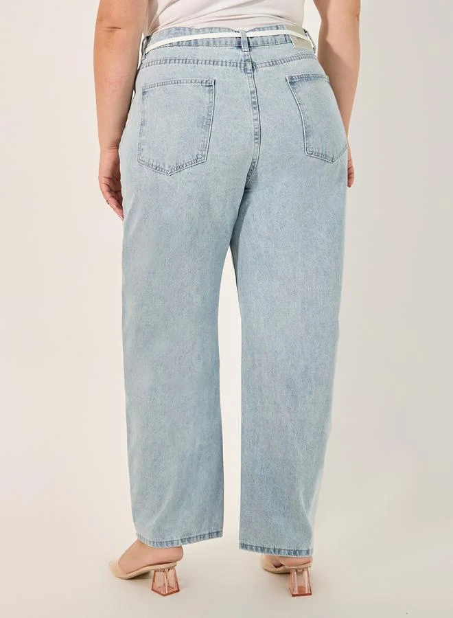 Styli High Rise Wide Leg Jeans with Drawstring