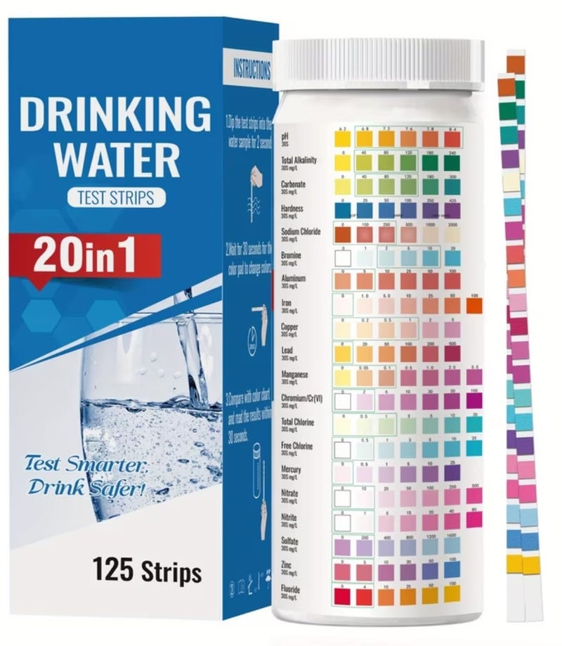20 in 1 Drinking Water Test Strips, 125 Strips Measure PH, Alkalinity, Chlorine, Lead, Iron, Fluorine - Image 1