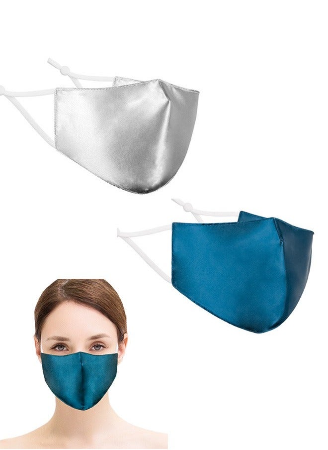 Generic قطعتان من أقنعة الوجه المرنة المصنوعة من الحرير الساتان، قناع حريري صناعي ناعم قابل للغسل على الوجهين للحماية من الأشعة فوق البنفسجية، قناع وجه بحلقة أذن مرنة (أزرق + رمادي)  - Image 1