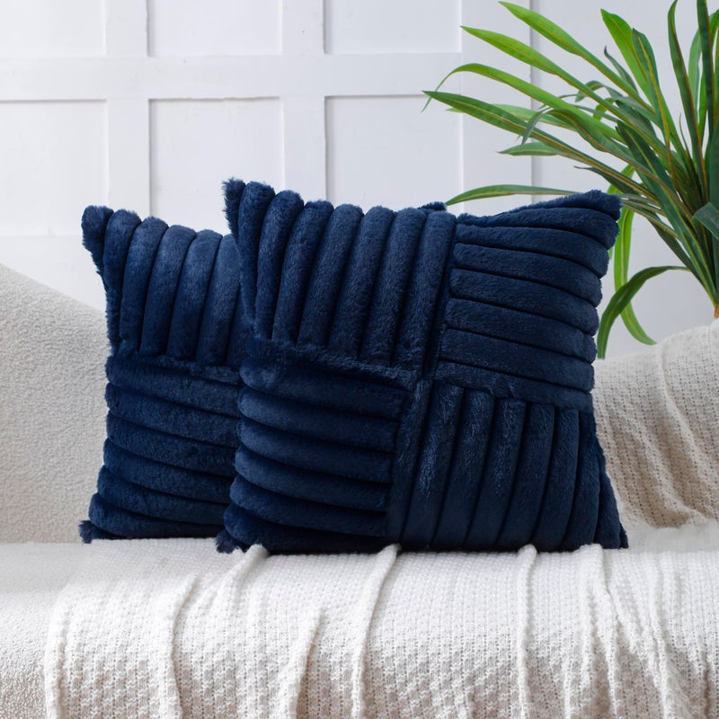 All Smiles Couch Decorative Throw Pillow Covers 18x18 Set of 2 Faux Fur Plush Soft Fluffy Velvet Cushion Case Cozy Fuzzy Striped Pillowcase Home Decor for Bed Sofa Living Room,Navy Blue - Image 1