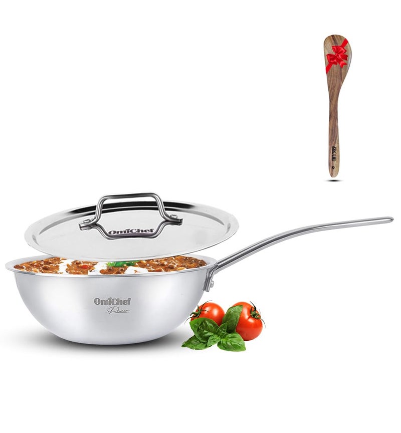 Omichef أوميشيف بريماكس 22 سم 2 لتر ووك كادهاي من الفولاذ المقاوم للصدأ ثلاثي الطبقات متوافق مع الحث تقنية SAS ثلاثية الطبقات مقبض سلكي بارد مع غطاء 22 سم - Image 1