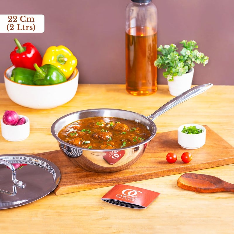 Omichef أوميشيف بريماكس 22 سم 2 لتر ووك كادهاي من الفولاذ المقاوم للصدأ ثلاثي الطبقات متوافق مع الحث تقنية SAS ثلاثية الطبقات مقبض سلكي بارد مع غطاء 22 سم - Image 2