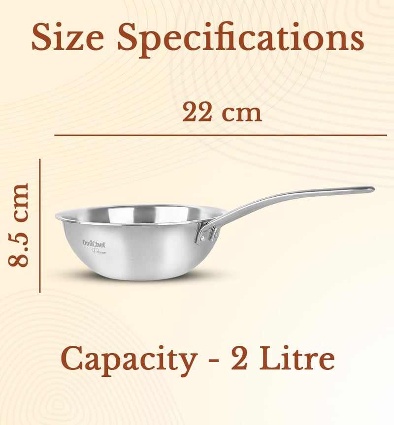Omichef أوميشيف بريماكس 22 سم 2 لتر ووك كادهاي من الفولاذ المقاوم للصدأ ثلاثي الطبقات متوافق مع الحث تقنية SAS ثلاثية الطبقات مقبض سلكي بارد مع غطاء 22 سم - Image 3