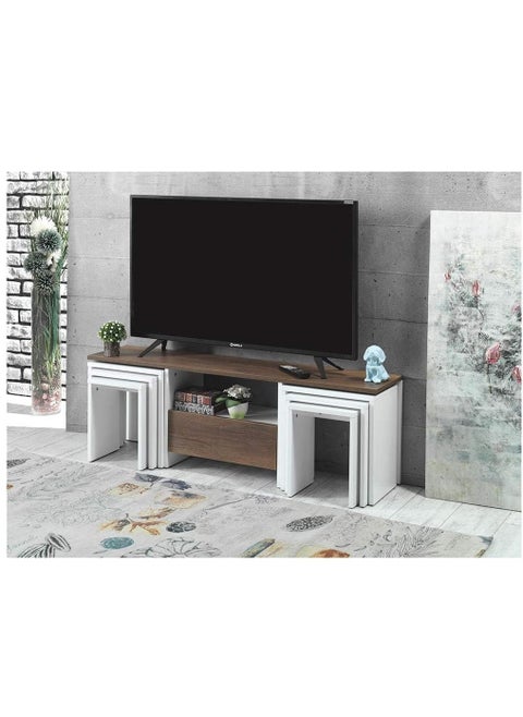 طقم طاولة تلفزيون, تصميم حديث, أبيض لماع و خشب متين, 6 طاولات خدمة, مقاس W120*H49*D29 سم