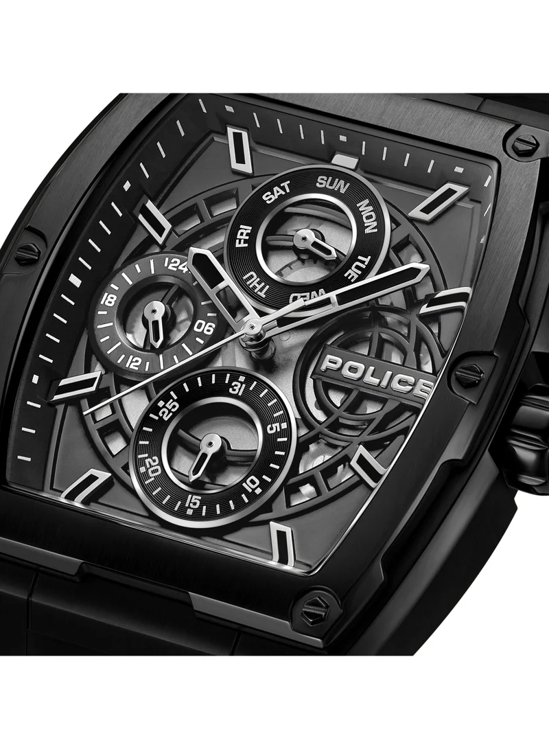 POLICE Men's Creed Men's 42mm Multifunction Watch with Black IP Stainless Steel Case, Charcoal Dial & Black Silicone Strap