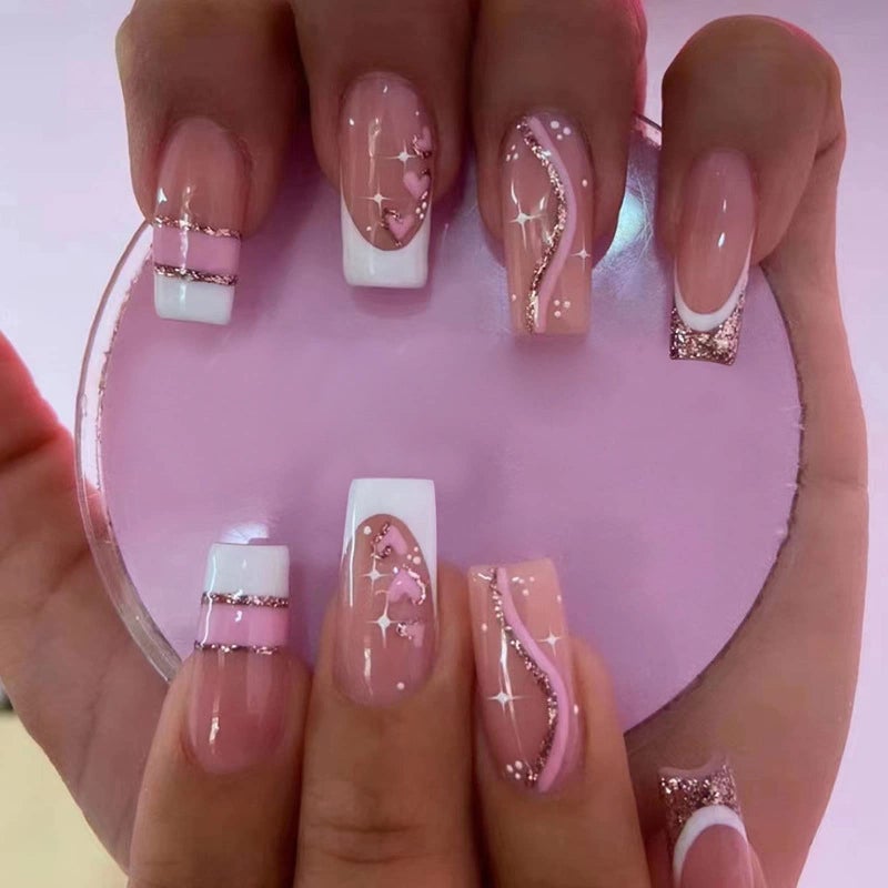 MISUD Press on Nails - Long Coffin Glue on Nails with Pink, Acrylic Bling Glitter Design 24 pcs - Image 1