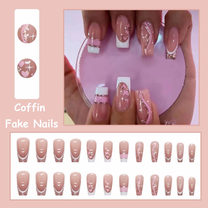 MISUD Press on Nails - Long Coffin Glue on Nails with Pink, Acrylic Bling Glitter Design 24 pcs - Image 5