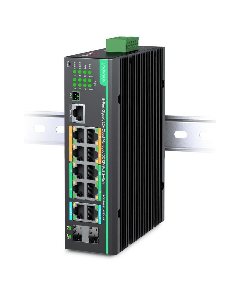 LINOVISION Industrial 12 Ports L2+ Cloud Managed PoE Switch with DC8~57V Redundant Power Input, Full Gigabit Solar PoE Switch, IEEE802.3af/at, Total PoE Budget 240W, NDAA Compliant - Image 1