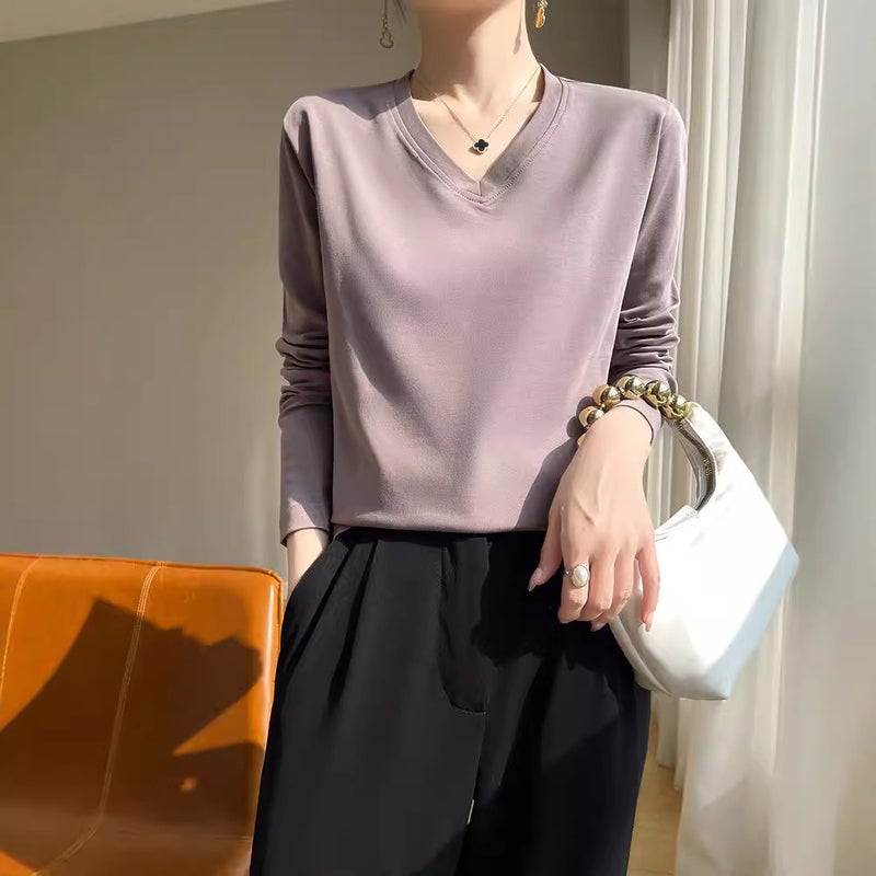 (Same Model In Shopping Mall) V-Neck Sweater New Women'S T-Shirt Long Sleeve T-Shirt Women'S White Bottoming Cotton Tide Inside - Image 4