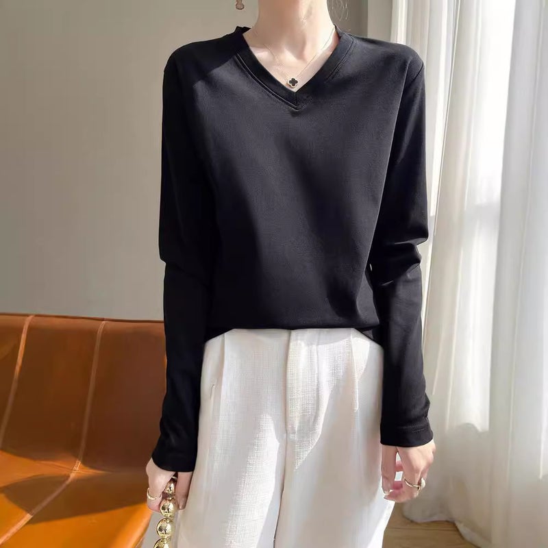 (Same Model In Shopping Mall) V-Neck Sweater New Women'S T-Shirt Long Sleeve T-Shirt Women'S White Bottoming Cotton Tide Inside - Image 5