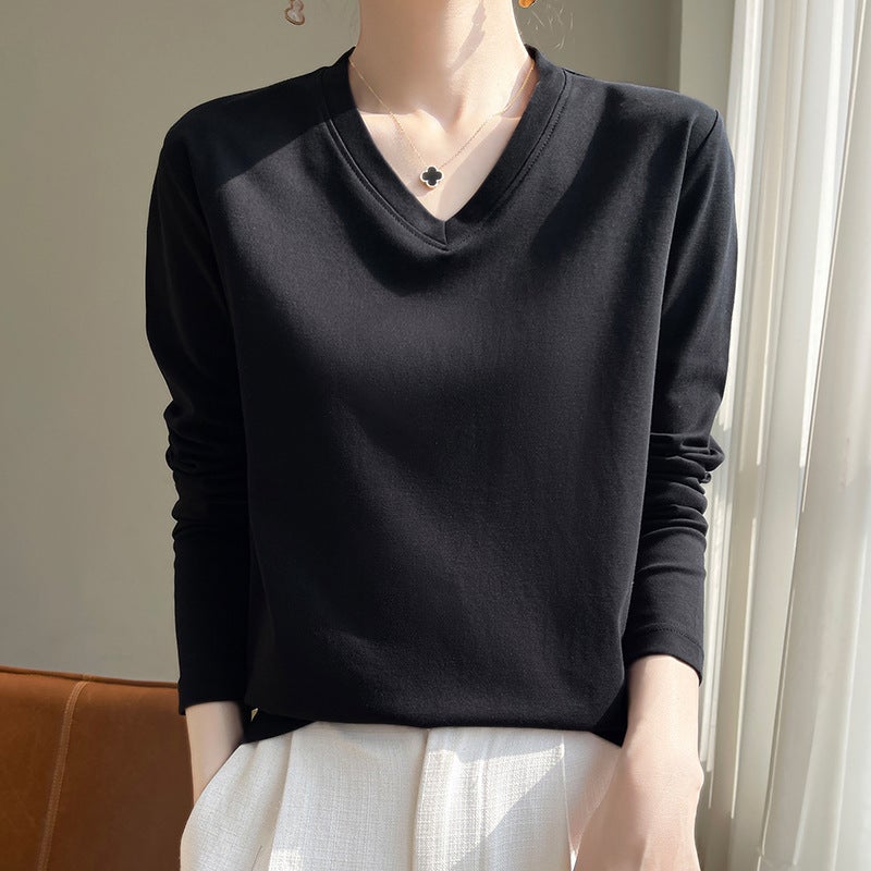 (Same Model In Shopping Mall) V-Neck Sweater New Women'S T-Shirt Long Sleeve T-Shirt Women'S White Bottoming Cotton Tide Inside - Image 1