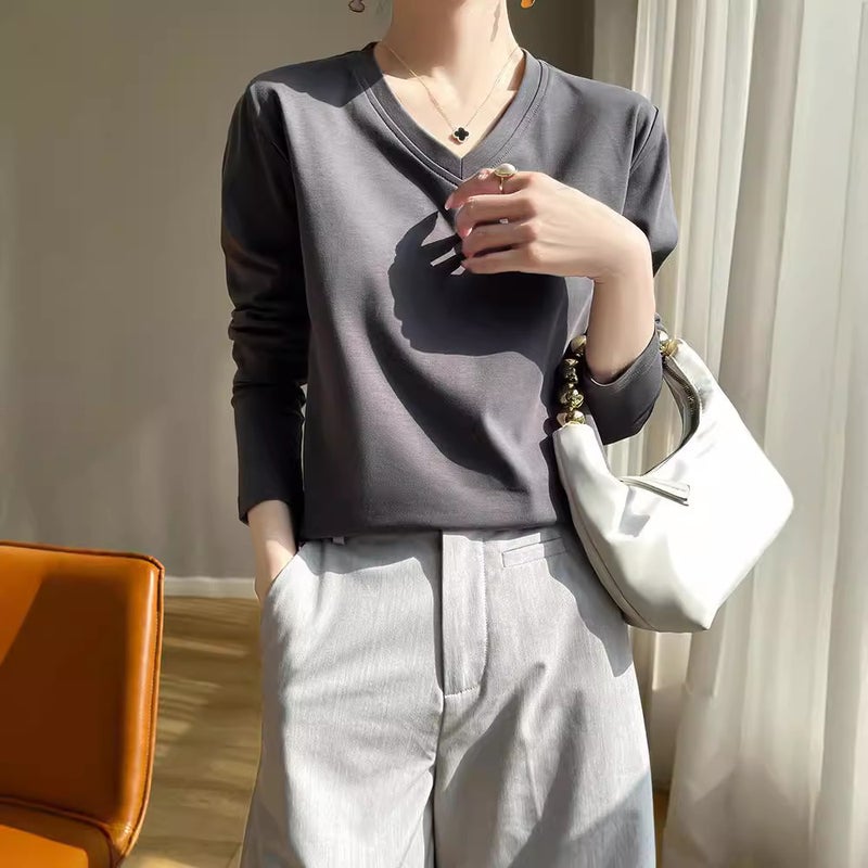 (Same Model In Shopping Mall) V-Neck Sweater New Women'S T-Shirt Long Sleeve T-Shirt Women'S White Bottoming Cotton Tide Inside - Image 3
