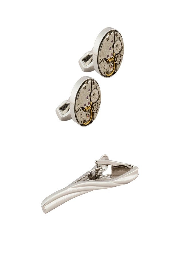 Knighthood - Silver Watch Mechanism Cufflinks And Tie Clip/Tie Pin Set for Mens (SIL-1)