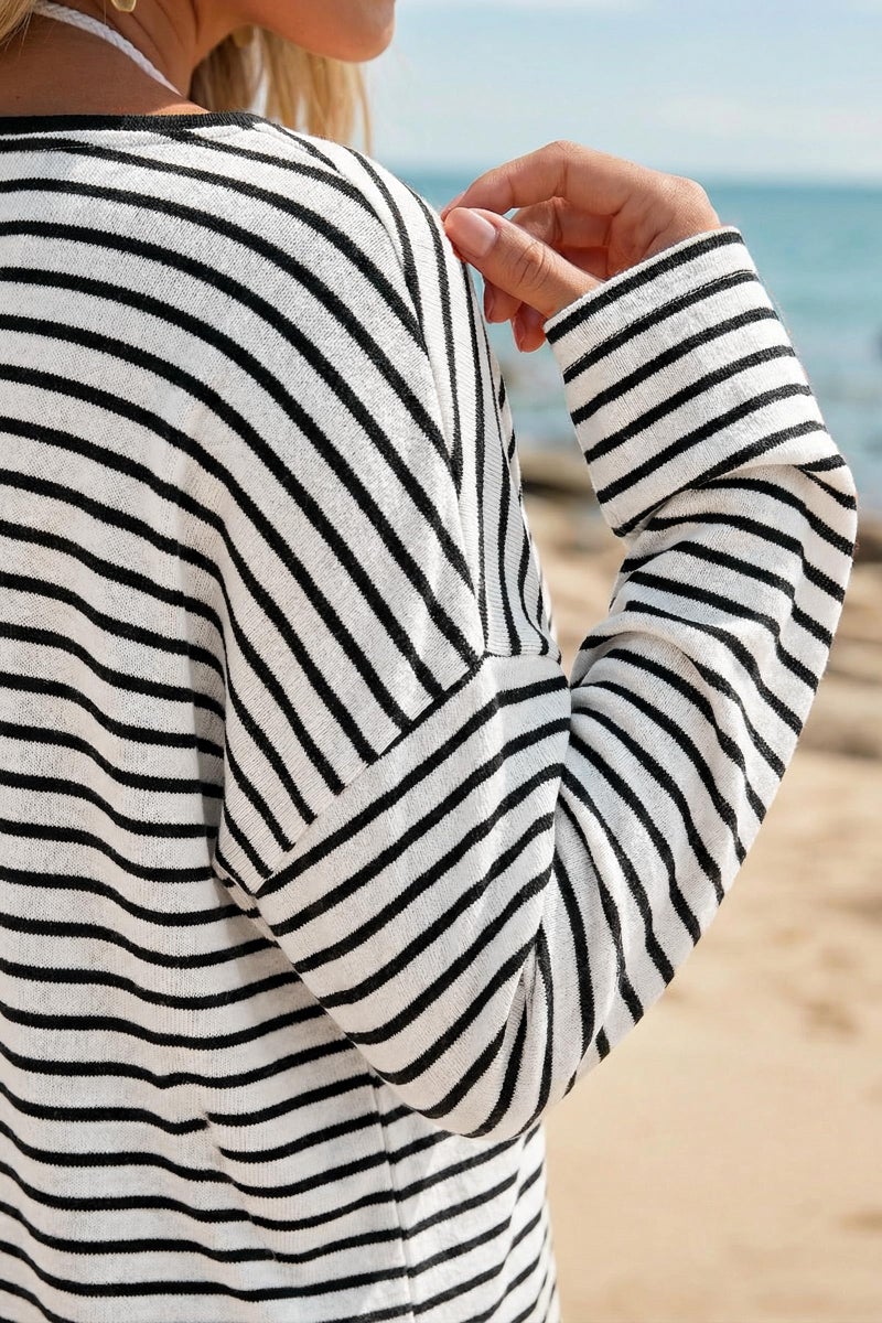 Arach&Cloz Women's Linen Blend Beach Cover Up Spring Summer Tops Vacation Outfits Striped Long Sleeve Shirts Boat Neck Off The Shoulder Casual Lightweight Oversized Resort Wear 2026 White Black M - Image 4