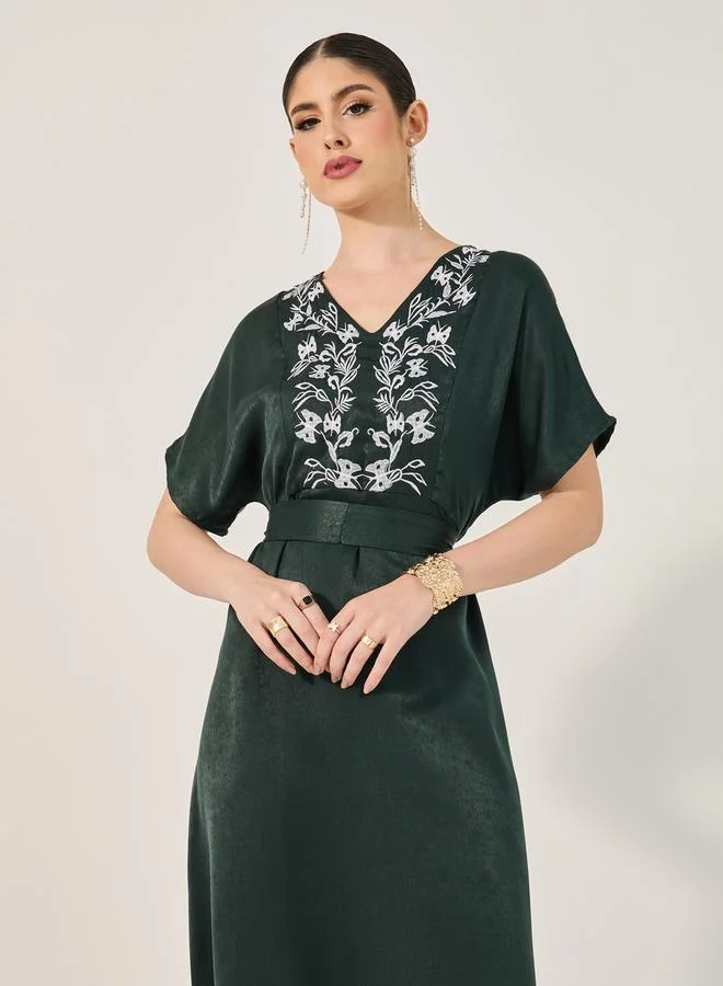 Styli sandwash satin jalabiya with neck embroidery