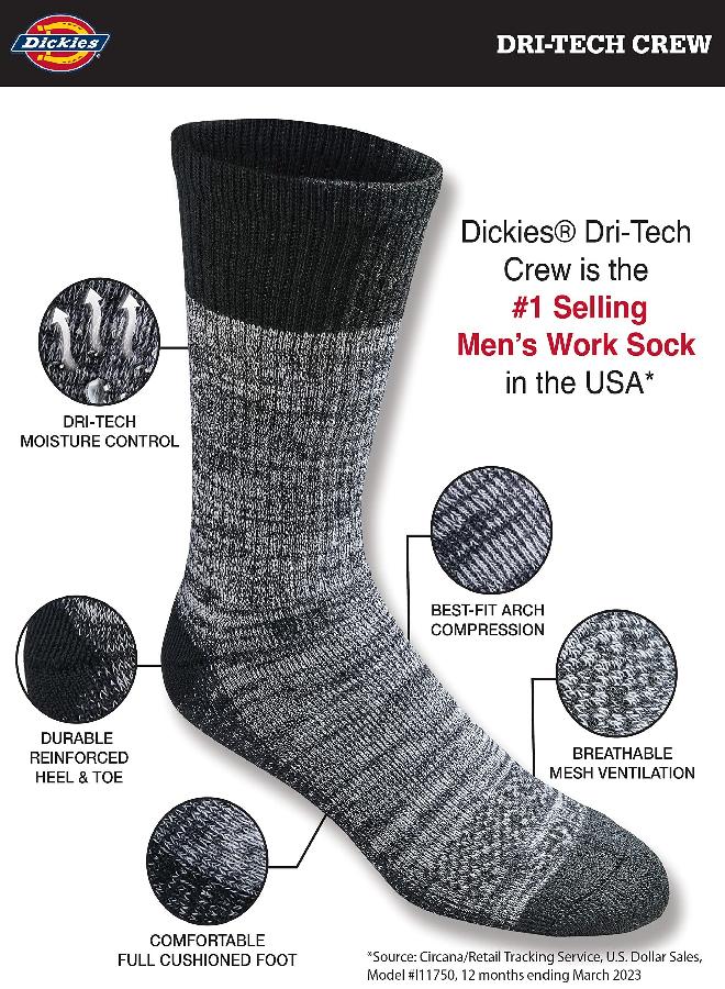 Dickies Dickies Men's Dri-tech Moisture Control Crew Socks Multipack, Black Free Run (6 Pairs), Shoe Size: 6-12 - Image 2