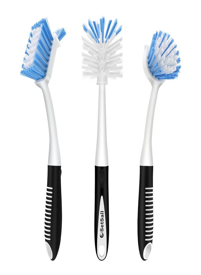 SetSail Dish Brush Set of 3 with Bottle Brush, Dish Scrub Brush with Long Handle Deep Cleaning Handle Brush with Scraper Tip for Kitchen Sink Dishes Bottle Cup Pot and Pans Tile Lines, Black Blue - Image 1