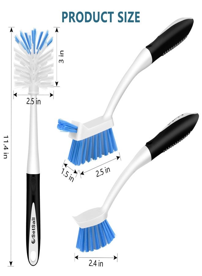 SetSail Dish Brush Set of 3 with Bottle Brush, Dish Scrub Brush with Long Handle Deep Cleaning Handle Brush with Scraper Tip for Kitchen Sink Dishes Bottle Cup Pot and Pans Tile Lines, Black Blue - Image 2