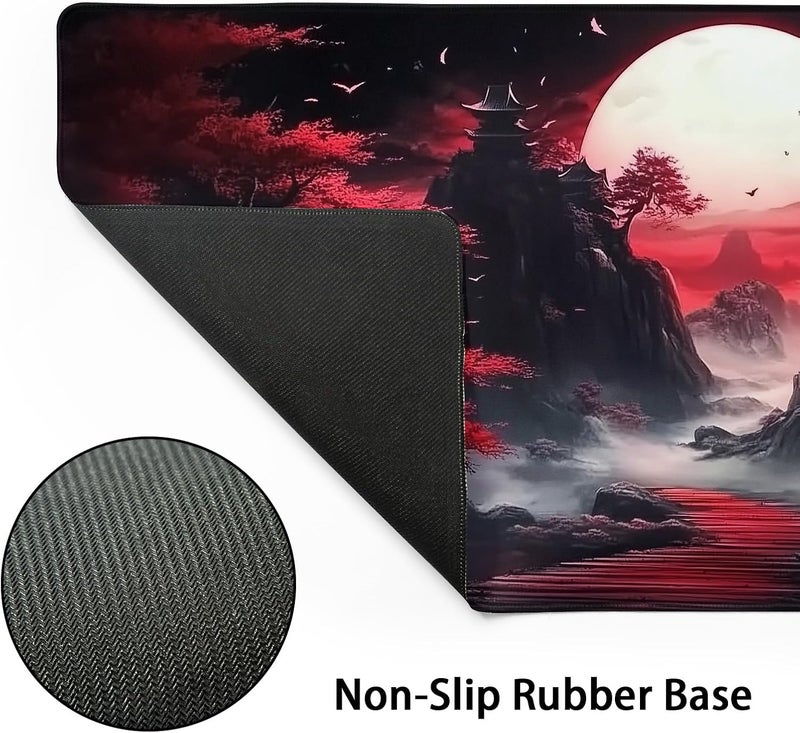 aportt Black Red Japanese Mouse Pad XL Moon Sakura Cherry BLoosm Tree Extended Table Mat 80X30 cm Non-Slip Rubber Base Stitched Edge Large XL Mousepad for Desk Gaming Laptop Desk Top,31.5×11.8 Inch - Image 3