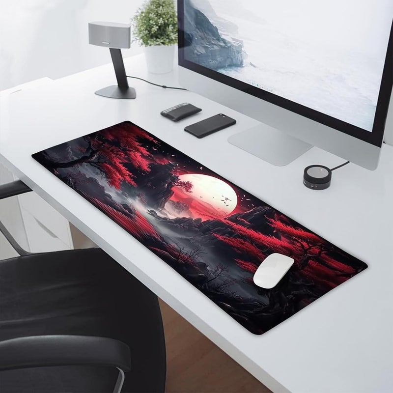 aportt Black Red Japanese Mouse Pad XL Moon Sakura Cherry BLoosm Tree Extended Table Mat 80X30 cm Non-Slip Rubber Base Stitched Edge Large XL Mousepad for Desk Gaming Laptop Desk Top,31.5×11.8 Inch - Image 5
