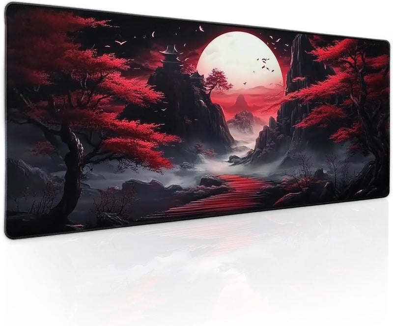 aportt Black Red Japanese Mouse Pad XL Moon Sakura Cherry BLoosm Tree Extended Table Mat 80X30 cm Non-Slip Rubber Base Stitched Edge Large XL Mousepad for Desk Gaming Laptop Desk Top,31.5×11.8 Inch - Image 1